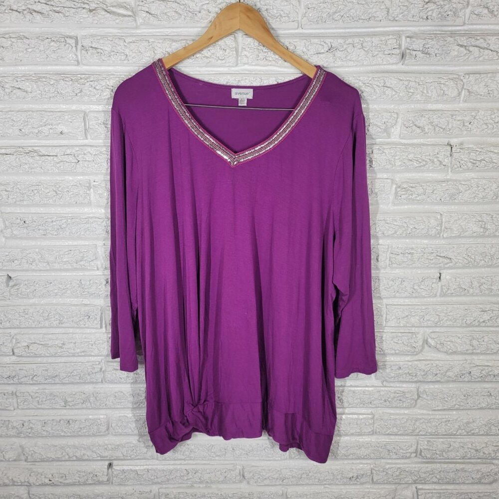 Avenue Blouse Top 22 24 Plus Purple Sheer V-Neck Studded 3/4 Sleeve PUR21E